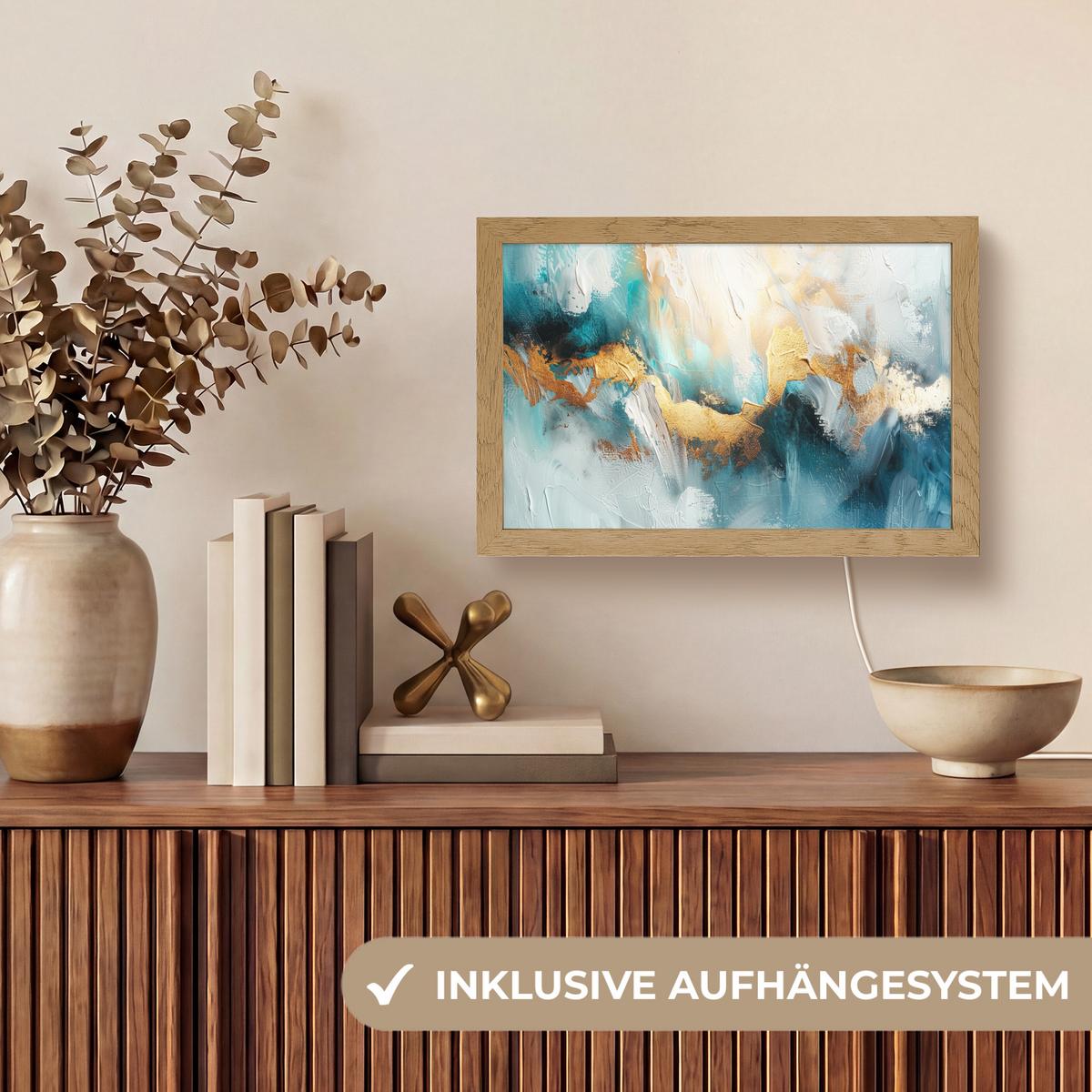 TISCHLEUCHTE Abstrakt - Kunst - Gold - Blau 30x20 cm - Aubergine, Holzwerkstoff (8/30/20cm) - OnlyWow