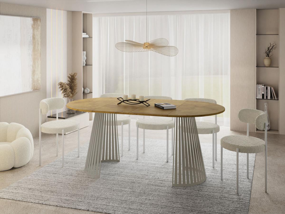 ESSTISCH Naro rund ausziehbar mit Lamellen-Metallgestell in Grau-Beige, Braun 120-200/120/76 cm - Kaschmir/Eichefarben, Holzwerkstoff/Metall (120/196/76cm) - WFL GROUP