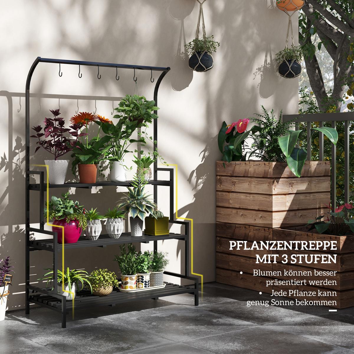 PFLANZENSTÄNDER, Pflanzentreppe, 3 Ebenen, mit 6 Haken, für Garten, Stahl, Schwarz - Schwarz, Metall (50/170/110cm) - Outsunny