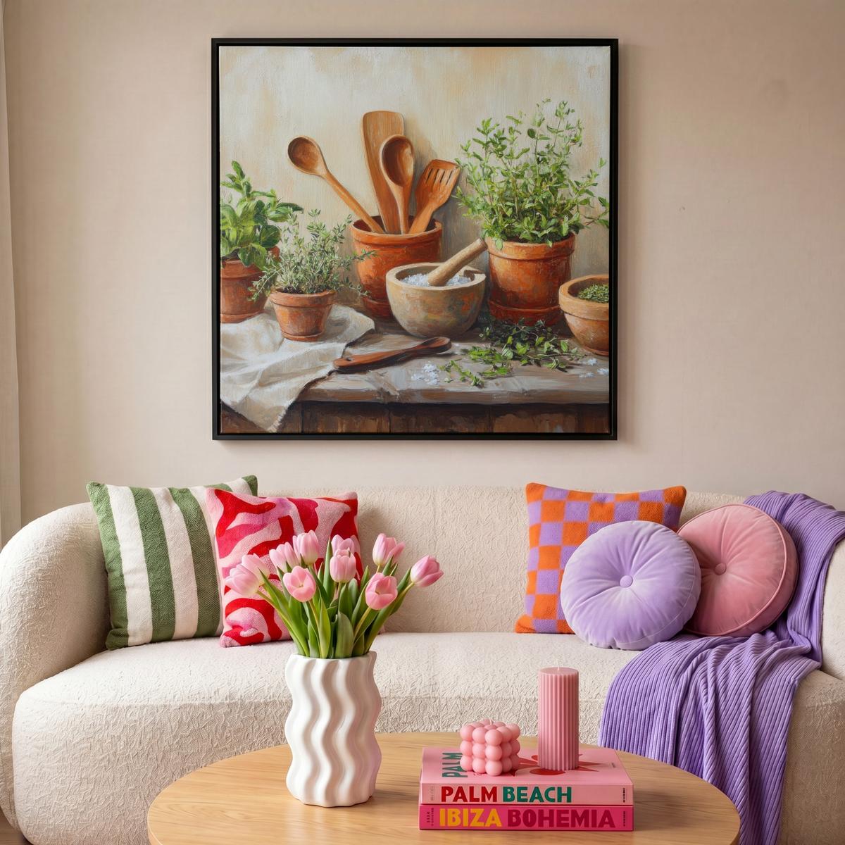 LEINWAND Bilder mit Rahmen - Töpfe - Kräuter - Holz - 90x90 - Terracotta, Textil (90/90cm) - MuchoWow