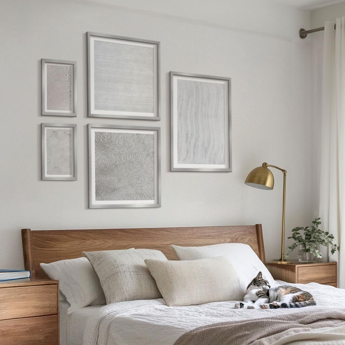BILDER SET 5er Set - 50x50 cm & 20x30 cm & 40x60 cm Silberner Rahmen - Sandmuster geometrische Strukturen - Silberfarben, Kunststoff (40/60cm) - TULUP