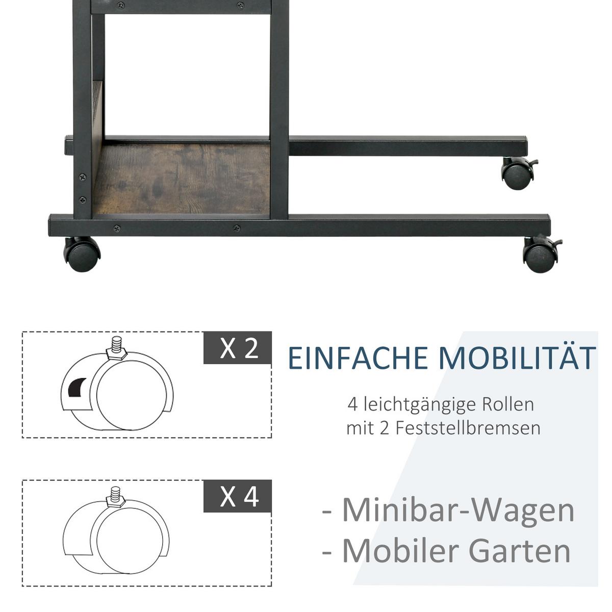 BEISTELLTISCH Couchtisch mit Rollen höhenverstellbar 2 untere Regale Esszimmer - Braun, Kunststoff (80/40/82cm) - HOMCOM
