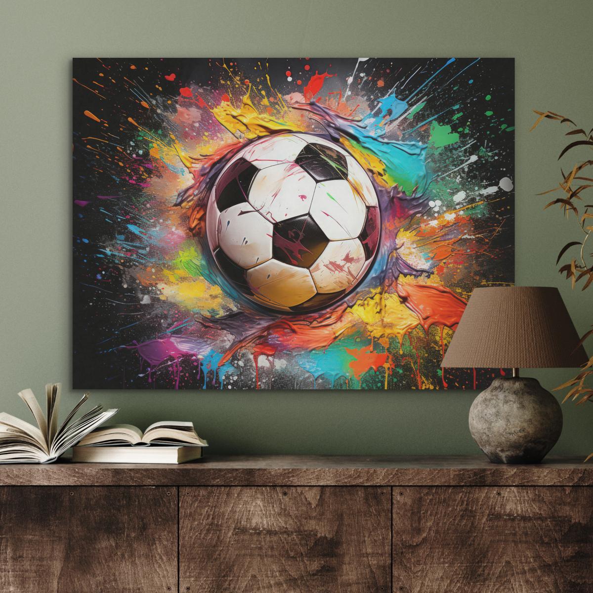 AKUSTIKBILD Fußball - Farbe - Farben - Schwarz - Weiß Gemälde 80x60 cm - Weiß, Kunststoff (80/60/0.9cm) - MuchoWow