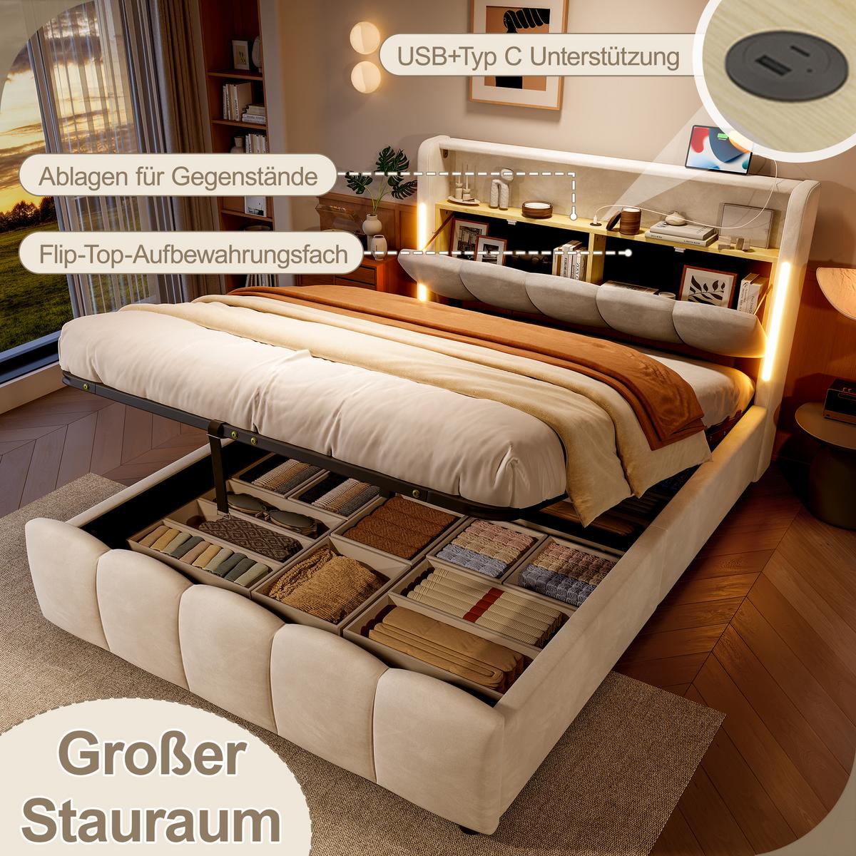 POLSTERBETT samt beige 140x200cm mit stauraum led usb - Beige, Textil (140/200cm) - Urban Meuble