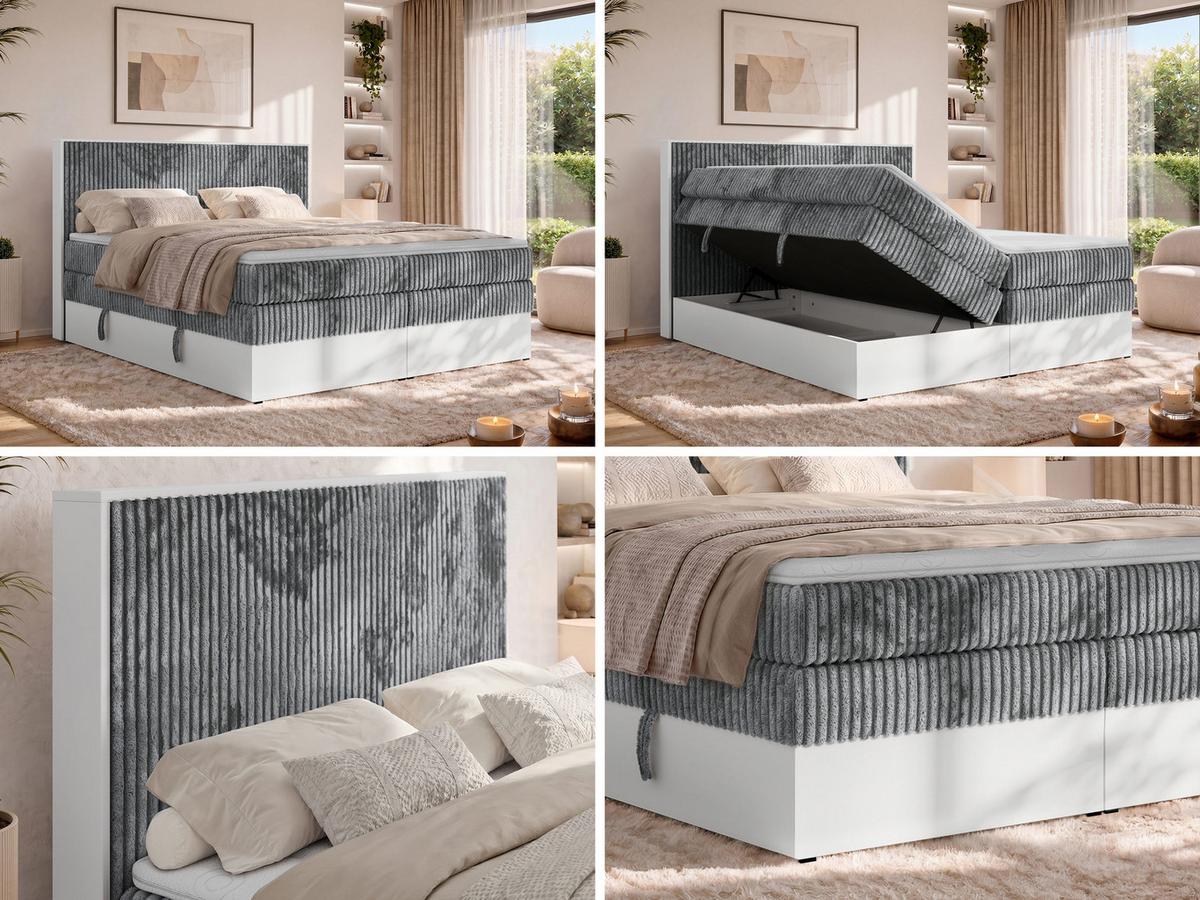 BOXSPRINGBETT TRAVIT KING 200/200 - Grau Cord - Topper Visco - H4 - Schwarz/Grau, Kunststoff/Textil (200/200cm) - MKS