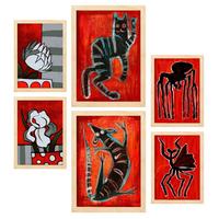 POSTER Set Mit 6 Kreaturen Frames 1 In Tiere Abstracts Ästhetische Dekorative Gemälde Für Ihr Wohnzimmer Zuhause A3 & A4 Rahmen Aus Hellem Holz - Beige, Papier (29/3cm) - Nacnic