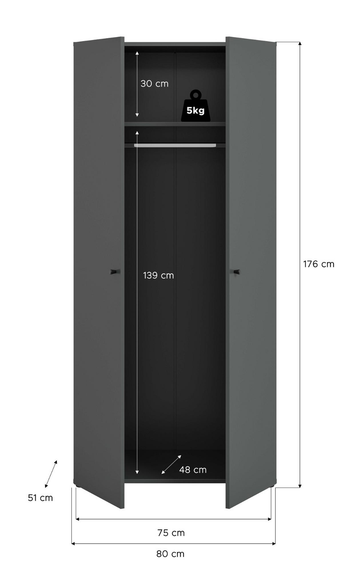 KLEIDERSCHRANK grau 2-türig 80 cm, Drehtürenschrank mit Kleiderstange - Schwarz/Grau, Holzwerkstoff/Kunststoff (80/176/51cm) - Inn.Furn