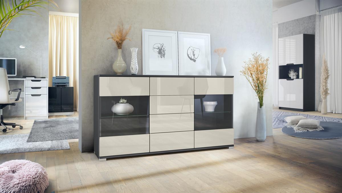 SIDEBOARD Bari Creme Hochglanz - Creme, Holzwerkstoff (138.5/75.5/35cm) - Vladon