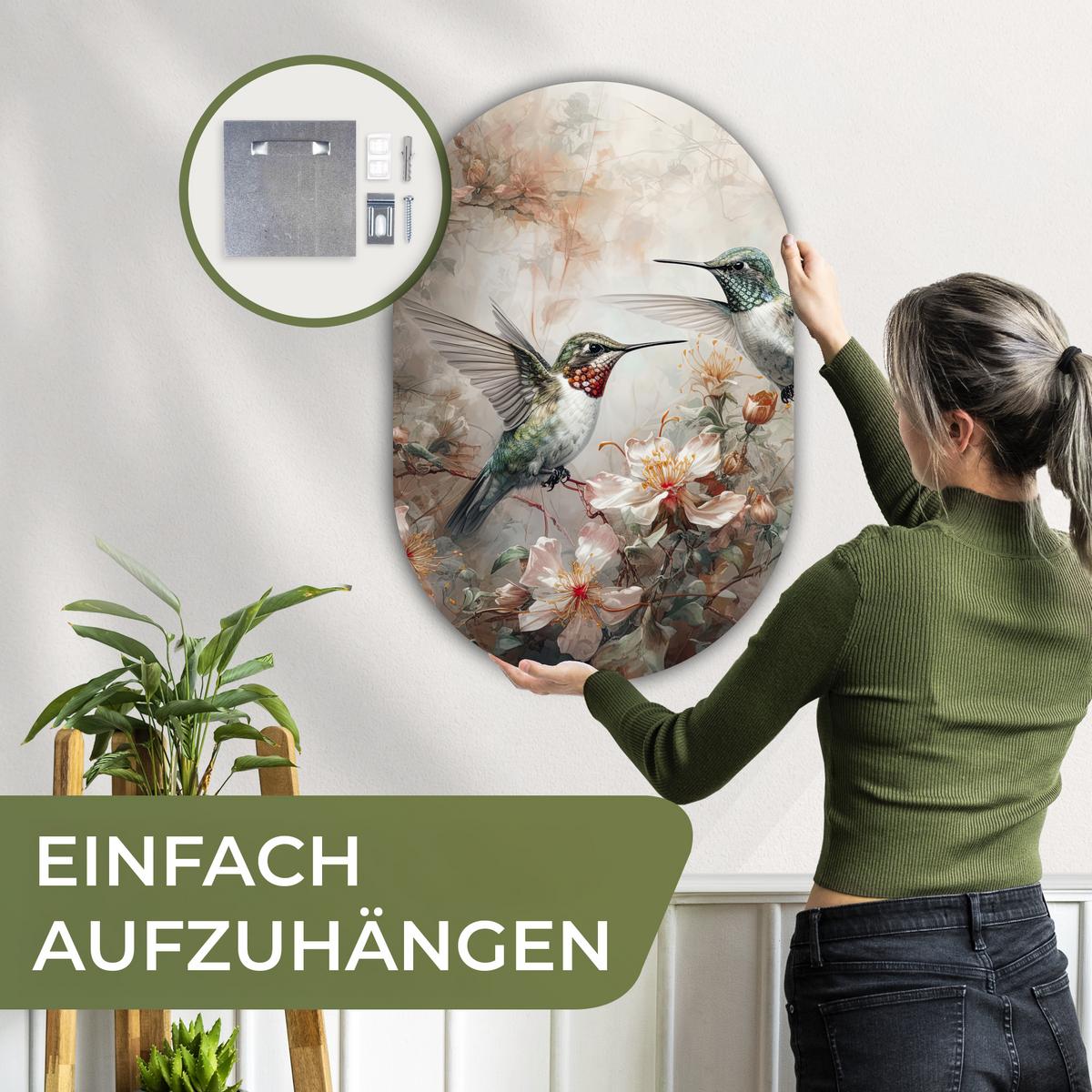 WANDBILD Kolibri - Vögel - Blumen - Pflanzen Wanddeko Schlafzimmer 60x90 cm - Hellgrün, Kunststoff (60/90cm) - MuchoWow