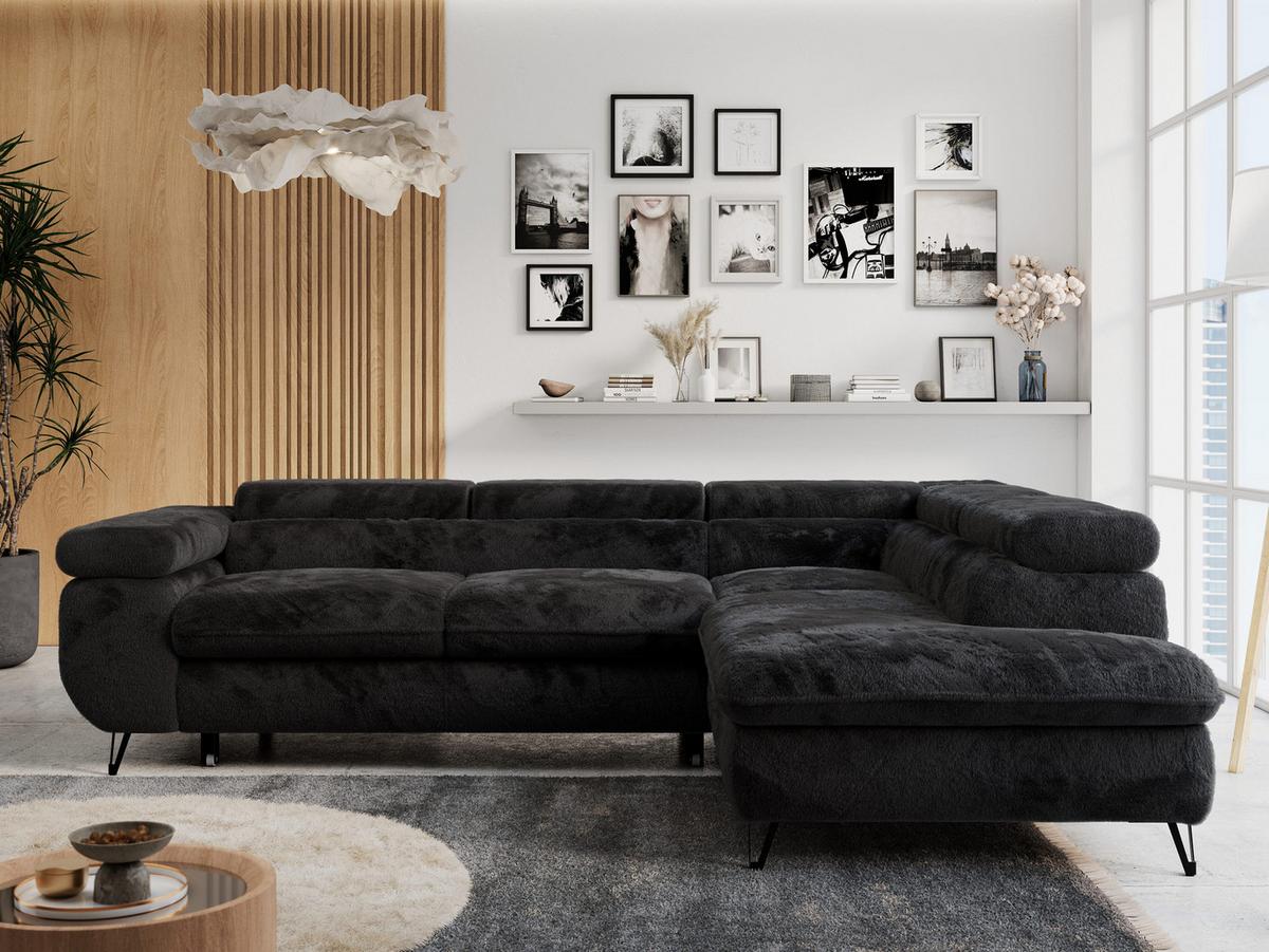 ECKSOFA PETER L Schwarz Plüsch - Rechts Seite - Schwarz, Textil/Metall (273/208cm) - MKS