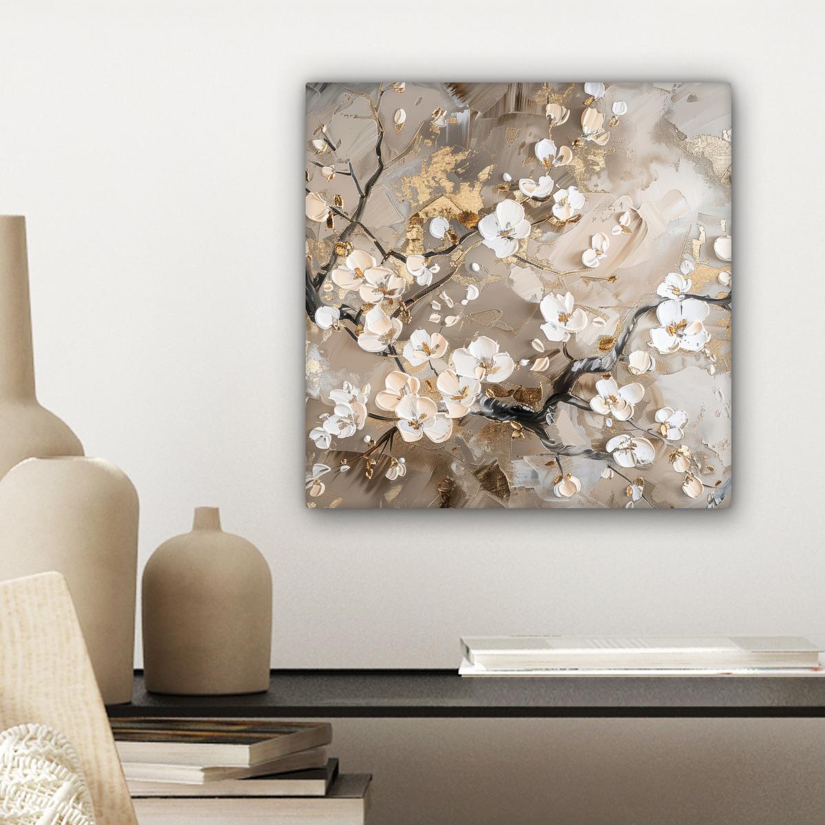 LEINWANDBILD Blumen - Weiß - Gold - Beige - Luxus Deko Wohnzimmer 20x20 cm - Greige, Textil (20/20cm) - MuchoWow