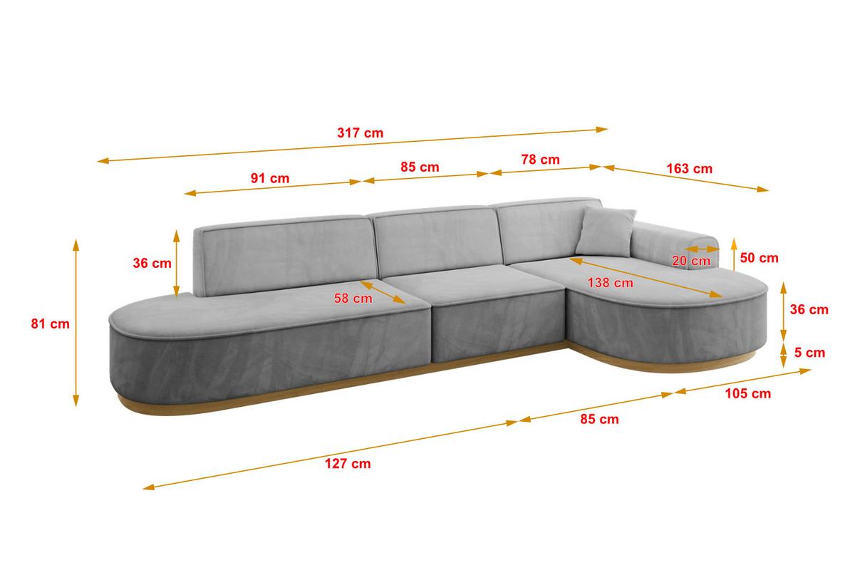 ECKSOFA Ottomane Rechts MARI-L2-v2 - 328x171x83 cm Grau Velours - Grau, Holzwerkstoff/Textil (171/328cm) - ALTDECOR