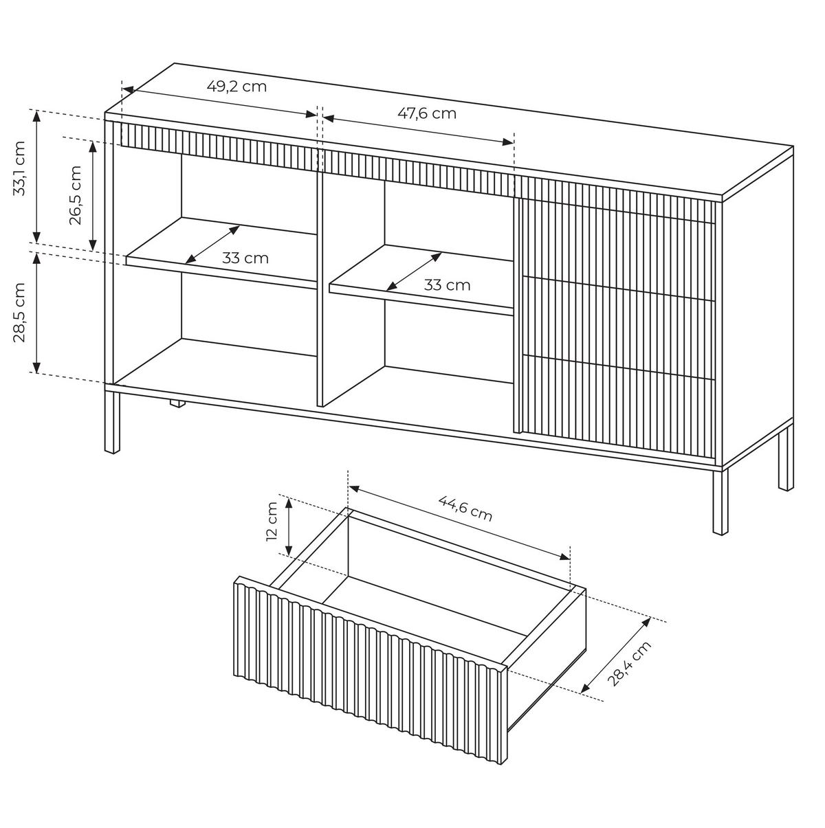 SIDEBOARD Trentinis 2T 3S Schwarz 153,5/81,4/39,5 cm – Geriffelten Fronten - Schwarz, Holzwerkstoff/Metall (153.5/81.4/39.5cm) - AX Living