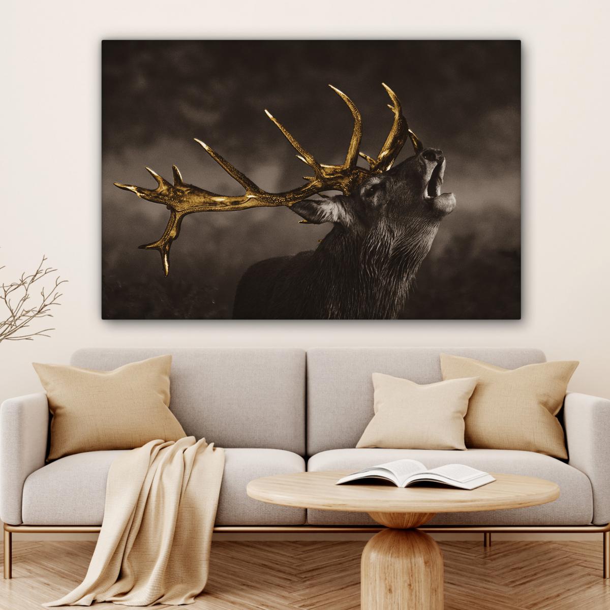 LEINWANDBILD Rotwild - Schwarz - Gold Wohnzimmer Groß 120x80 cm - Braun, Textil (120/80cm) - MuchoWow
