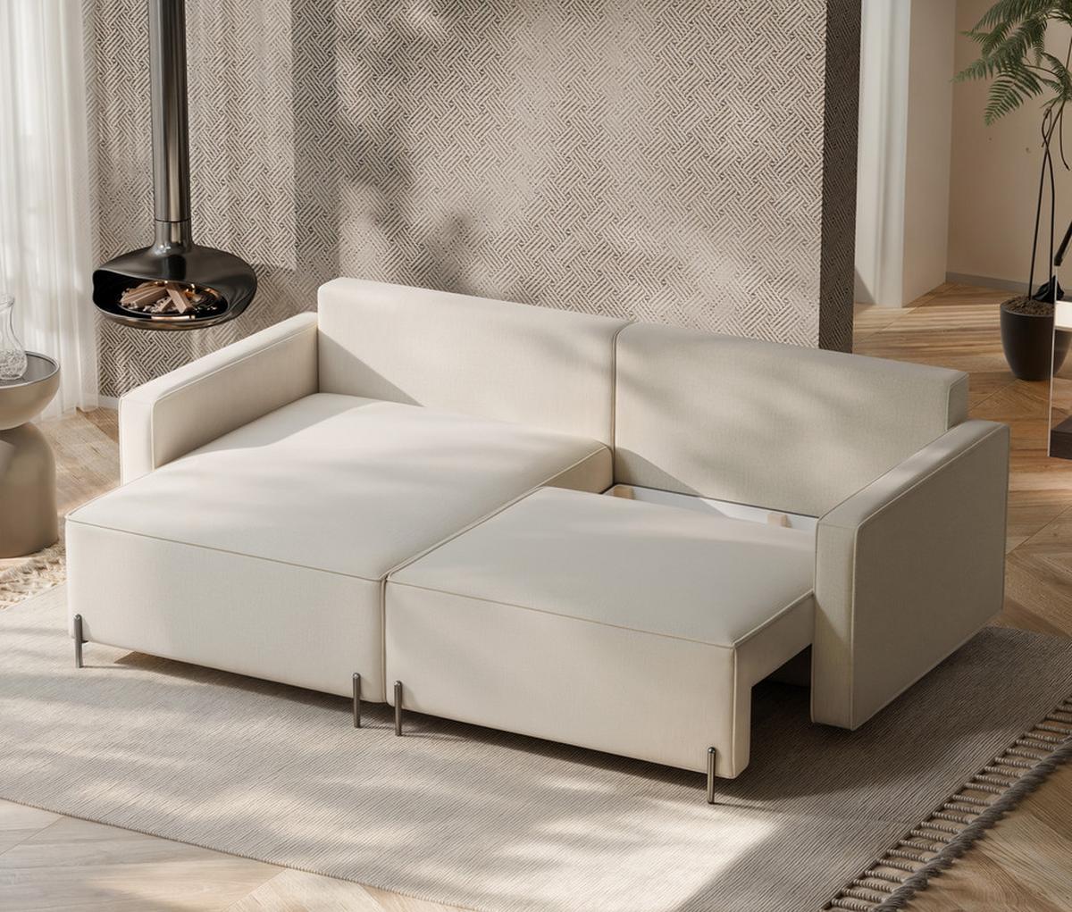 ECKSOFA LEO Links, mit Schlaffunktion und Bettkasten, Creme - Creme, Textil/Metall (229/148cm) - Idohome