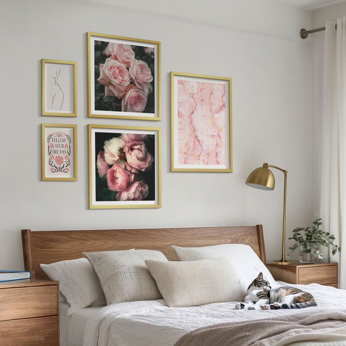 BILDER SET 5er Set - 50x50 cm & 20x30 cm & 40x60 cm Goldrahmen - Vintage-Rosen-Marmorträume - Goldfarben, Kunststoff (40/60cm) - TULUP