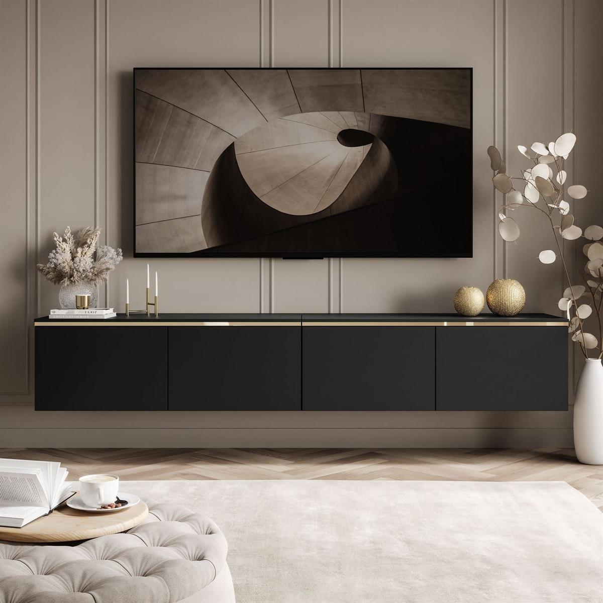 TV-RACK CELINE schwarz matt 200 cm (hängend) mit LED-Beleuchtung - Schwarz, Holzwerkstoff (200/35/40cm) - Lookway