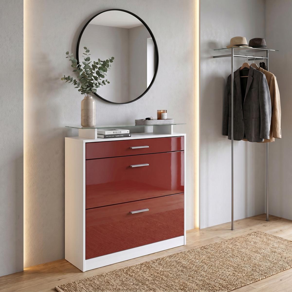 SCHUHSCHRANK Loret Front in Bordeaux Hochglanz - Bordeaux, Holzwerkstoff (89/104/23cm) - Vladon