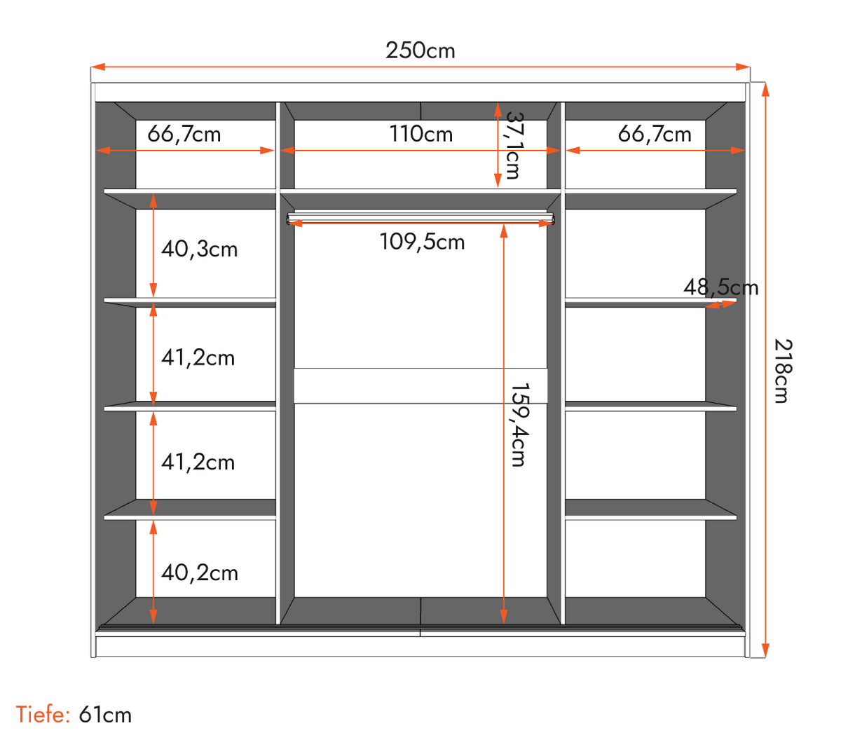 SCHWEBETÜRENSCHRANK Alba ohne Spiegel Weiß/Weiß + LED-Beleuchtung 250 cm - Alufarben/Weiß, Holzwerkstoff/Metall (250/218/61cm) - imoebel24