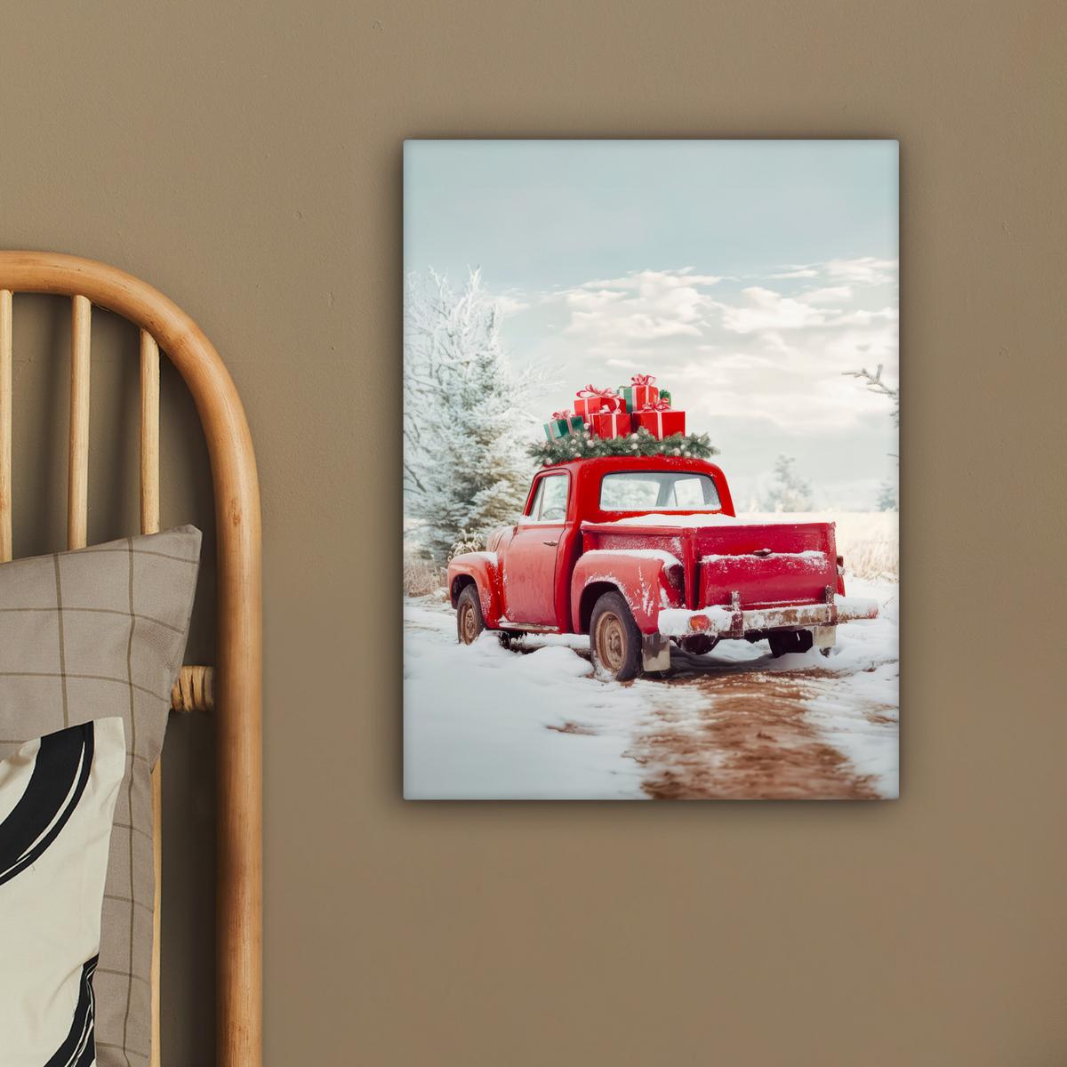 LEINWANDBILD Auto - Rot - Geschenke - Winter - Schnee - Weihnachten Room Decor 30x40 cm - Rot, Textil (30/40cm) - MuchoWow