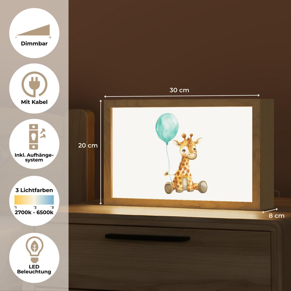 NACHTTISCHLAMPE Giraffe - Baby - Tiere - Blauer Ballon 30x20 cm - Weiß, Holzwerkstoff (8/30/20cm) - OnlyWow