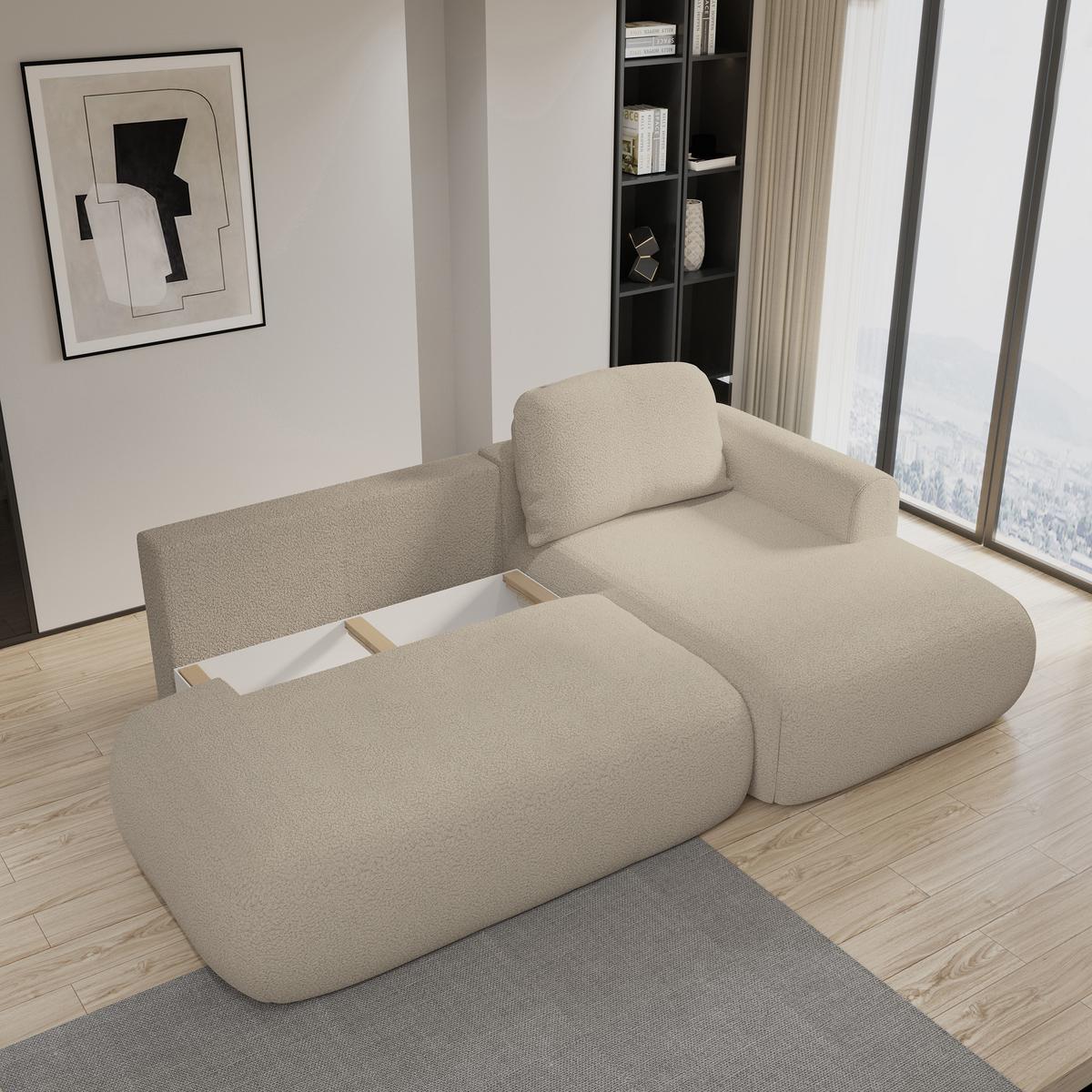 ECKSOFA NUVIRA R-S Beige Boucle-Stoff mit Schlaffunktion - Beige, Holz (279/158cm) - MASSENO