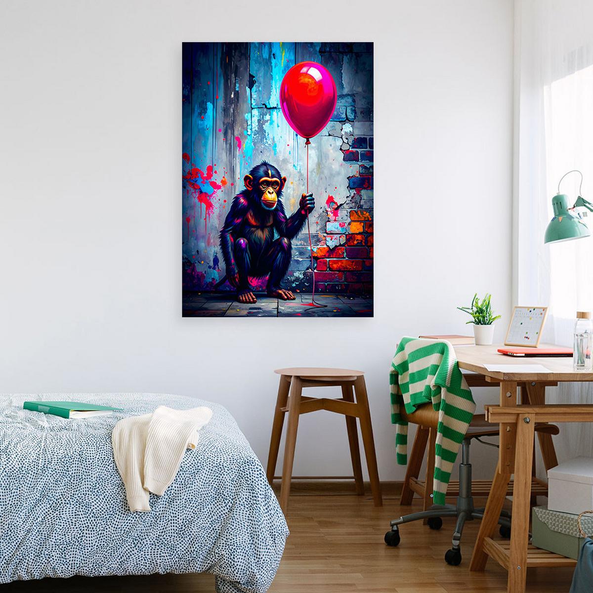 LEINWANDBILD Affe mit Ballon Graffiti Straßenkunst 60x90cm - Multicolor, Textil (60/90cm) - Feeby