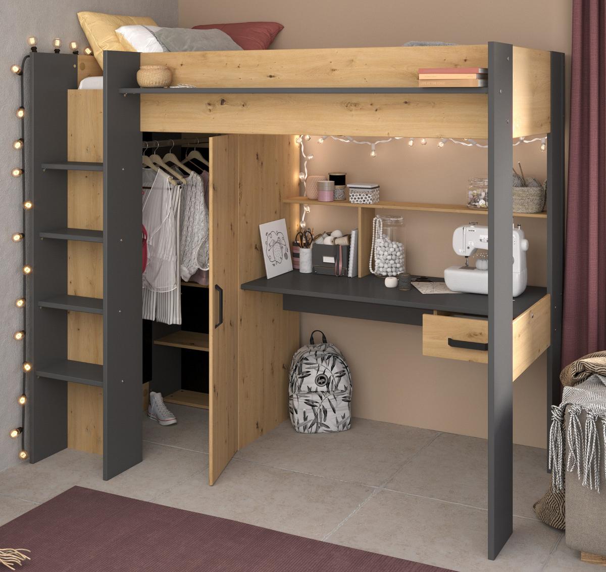 HOCHBETT mit Schreibtisch und Kleiderschrank Bett 90 x 200 cm - Eichefarben/Dunkelgrau, Holzwerkstoff/Kunststoff (90/200cm) - Parisot Meuble