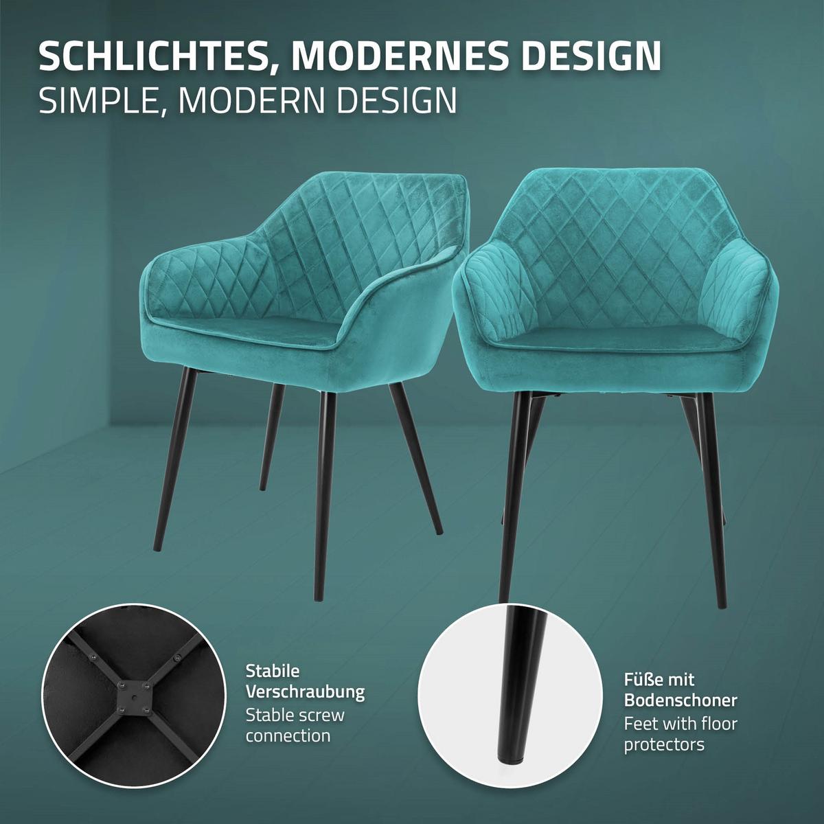 ESSZIMMERSTUHL 4er Set Petrol Samt - Türkis/Schwarz, Textil/Metall (63/80/60cm) - ML-DESIGN
