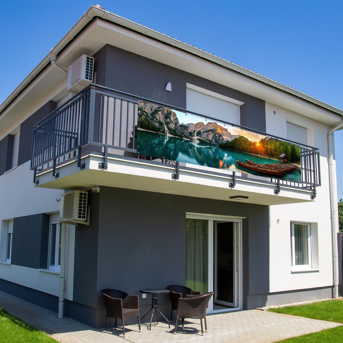 BALKON-SICHTSCHUTZ See - Berge - Sonnenuntergang - Boot Witterungsbeständig 300x80 cm - Petrol, Kunststoff (300/80cm) - MuchoWow