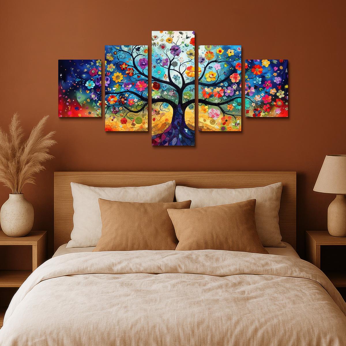 LEINWANDBILD 5er Set Bunt - Baum des Lebens - Blumen - Abstrakt 150x80 cm - Blau, Textil (150/80cm) - MuchoWow