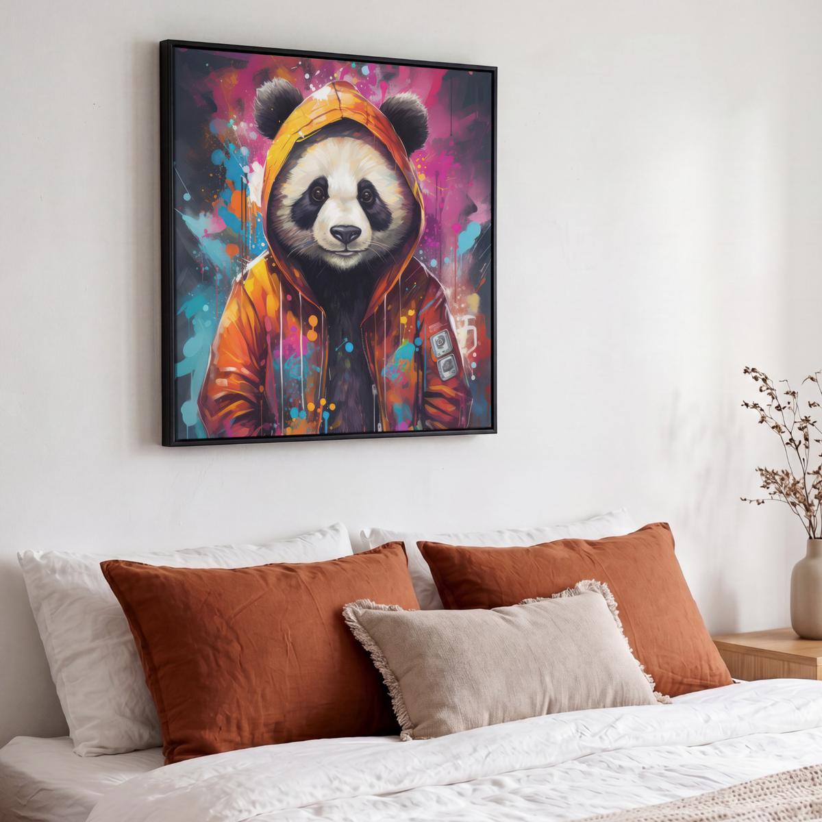 LEINWAND Bilder mit Rahmen - Panda - Jacke - Graffiti - Orange - 50x50 - Orange, Textil (50/50cm) - MuchoWow