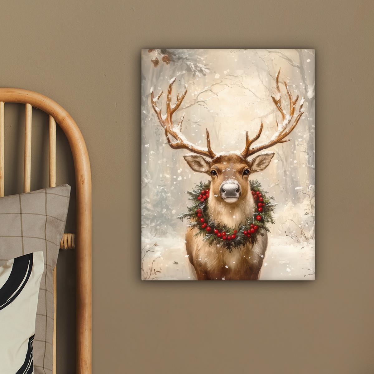 LEINWANDBILD Weihnachten - Rentier - Winter - Kranz Room Decor 30x40 cm - Naturfarben, Textil (30/40cm) - MuchoWow