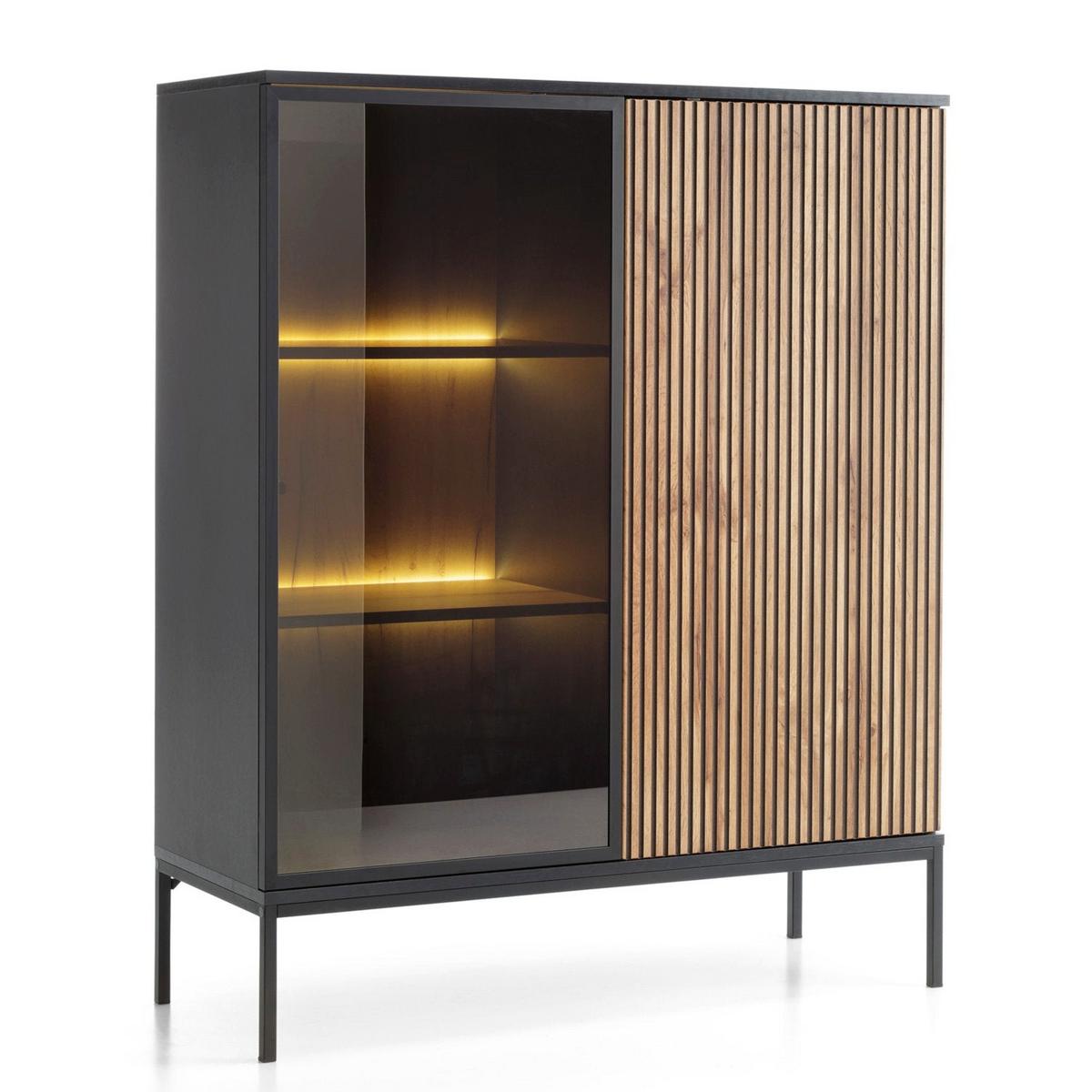VITRINE Tosena Schwarz / Wotan Eiche mit LED - Beige/Schwarz, Holzwerkstoff/Metall (103.5/105.5/39cm) - Selsey
