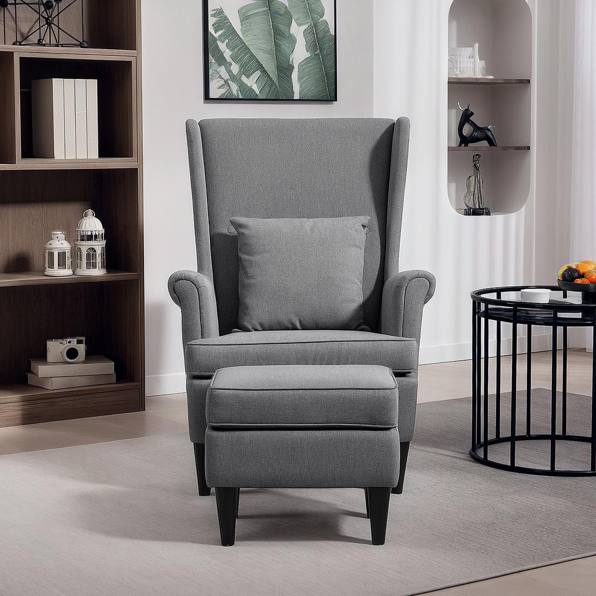OHRENSESSEL mit Hocker Sessel mit Leinenoptik, Lendenkissen für Wohnzimmer Grau - Grau, Kunststoff (75/104/83cm) - HOMCOM