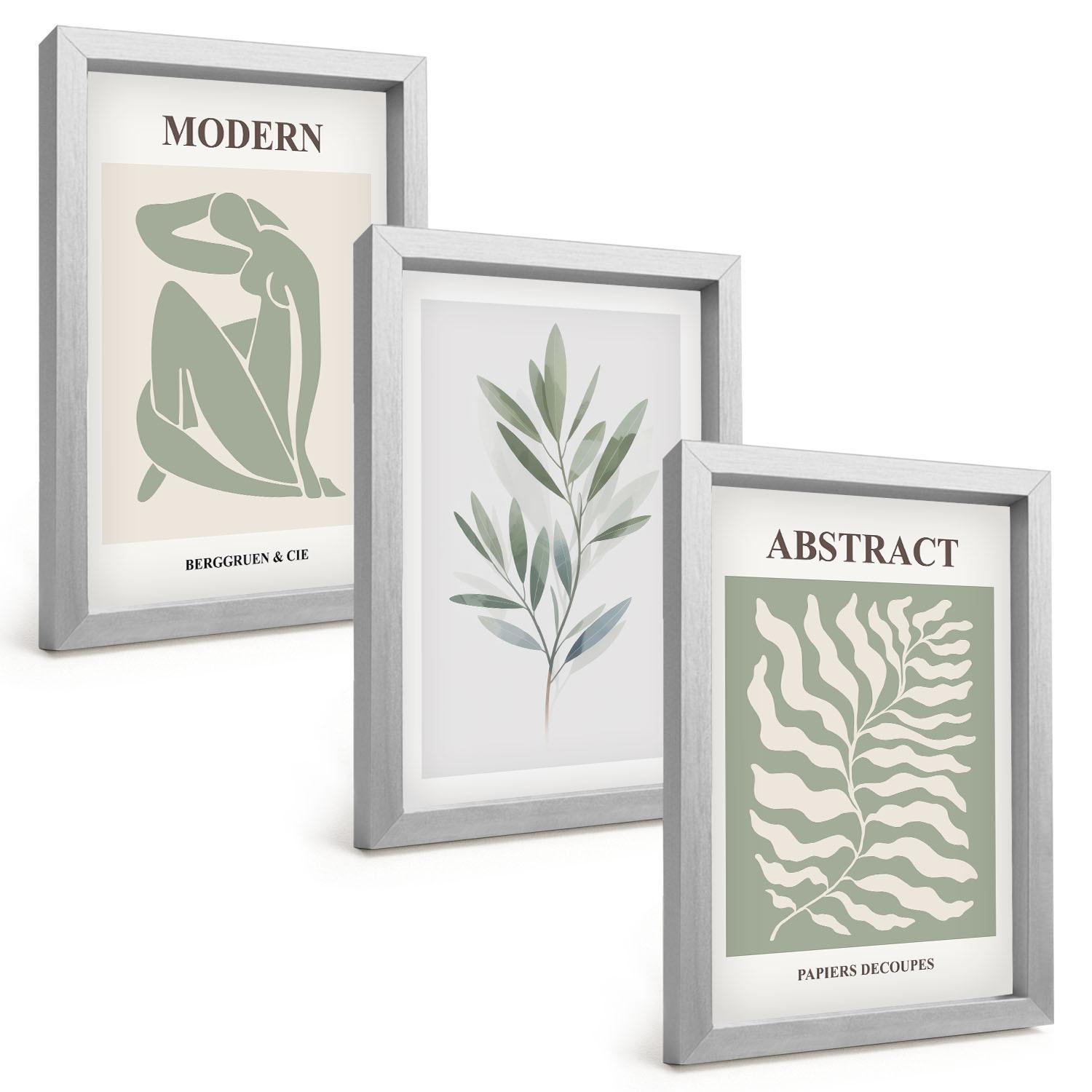 BILDER SET 3er Set - 20x30 cm Silberner Rahmen - Matisse Aquarell Boho-Design - Silberfarben, Kunststoff (20/30cm) - TULUP