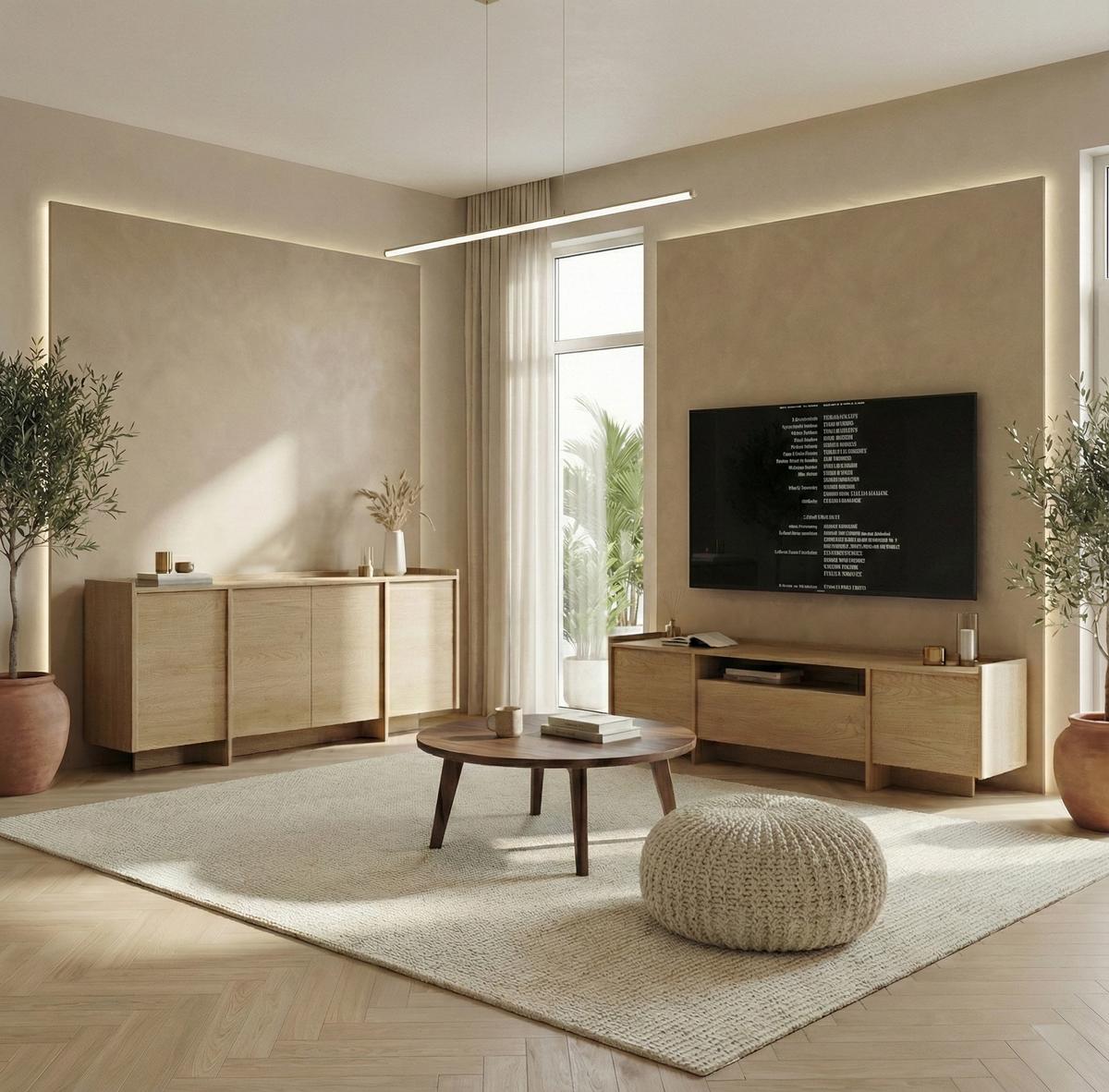 KOMMODE Juni + Lowboard im Japandi Stil, 200 cm, eiche Cremona - Eichefarben, Holzwerkstoff (200/90/38cm) - Beautysofa