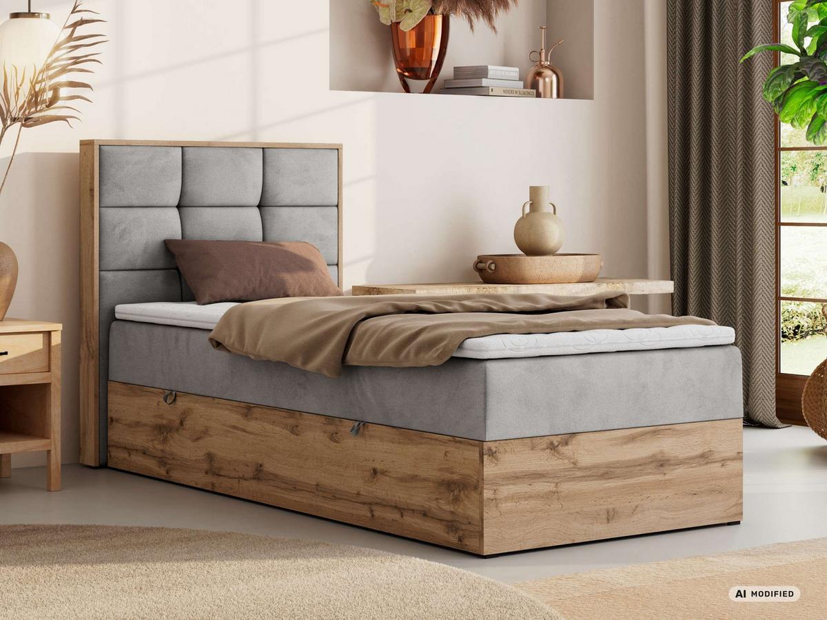BOXBETT ALBERO 1 90/200 - Hellgrau Velvet - Topper Visco - H4 - Links - Hellgrau/Schwarz, Kunststoff/Textil (90/200cm) - MKS