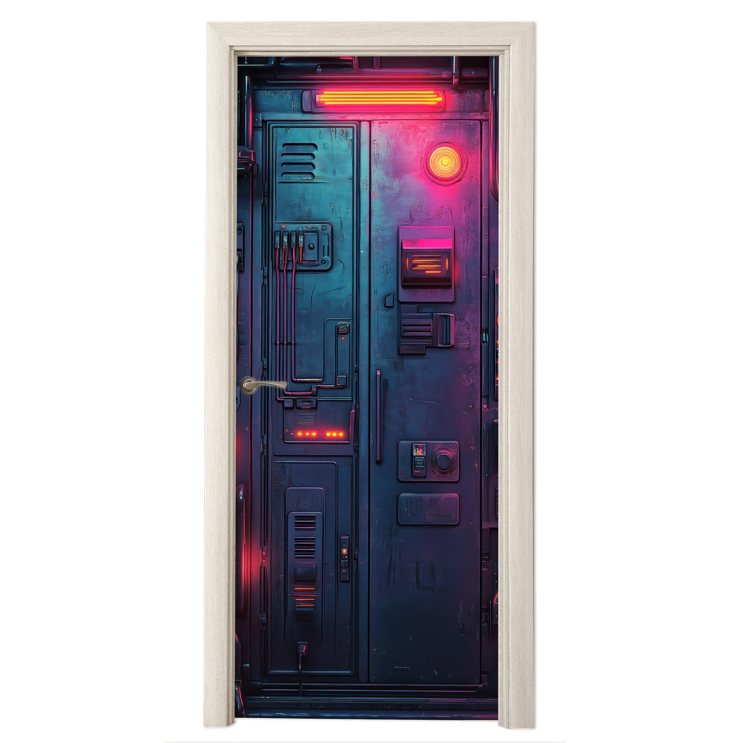 TÜRAUFKLEBER Tür - Futuristisch - Blau - Rosa - Neon 90x215 cm - Türtapete - Anthrazit, Kunststoff (90/0.1cm) - MuchoWow