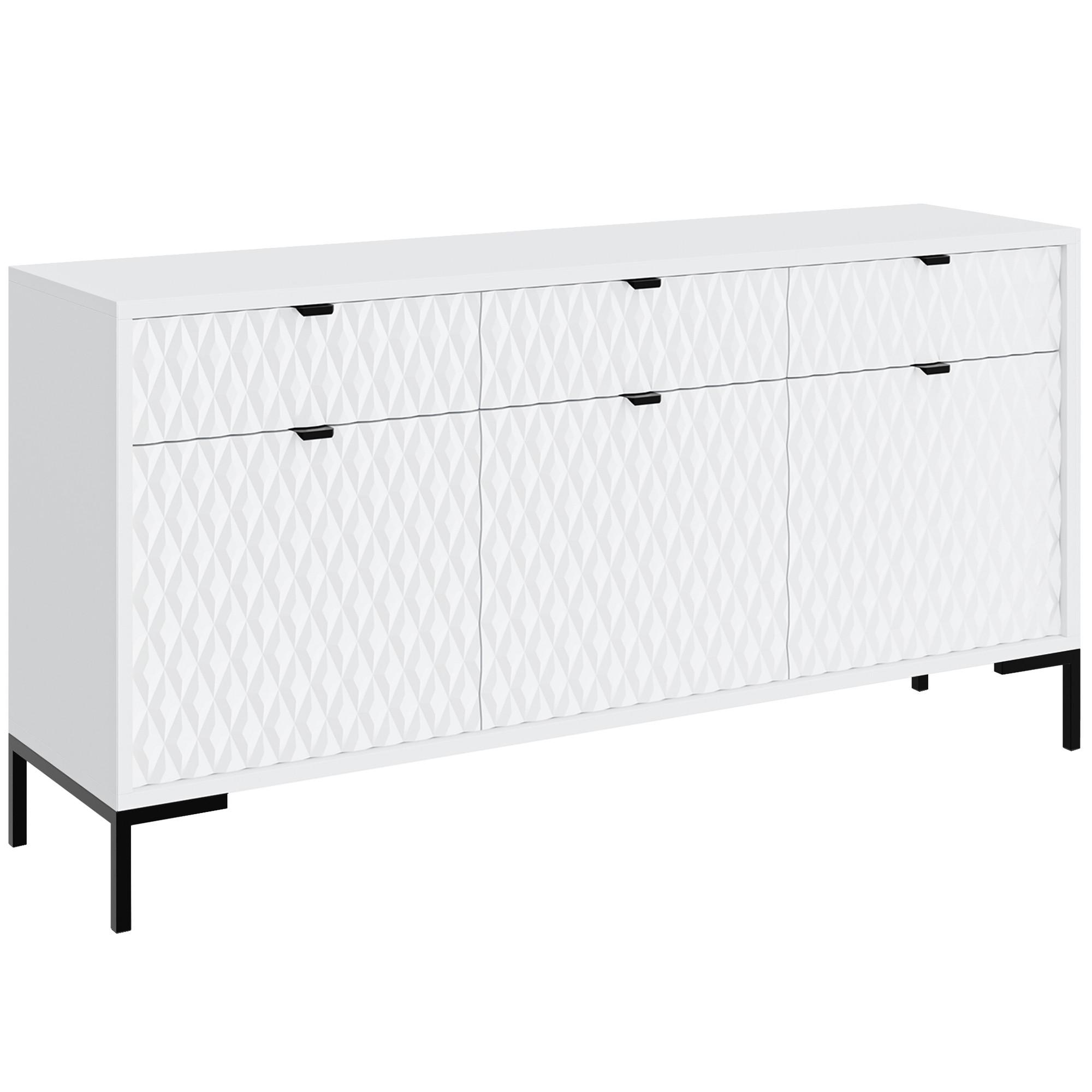 KOMMODE Montreal mit 3 Türen und 3 Schubladen, dekorative 3D-Fronten, 150 cm, Weiß - Schwarz/Weiß, Holzwerkstoff/Metall (150/85/40cm) - Beautysofa