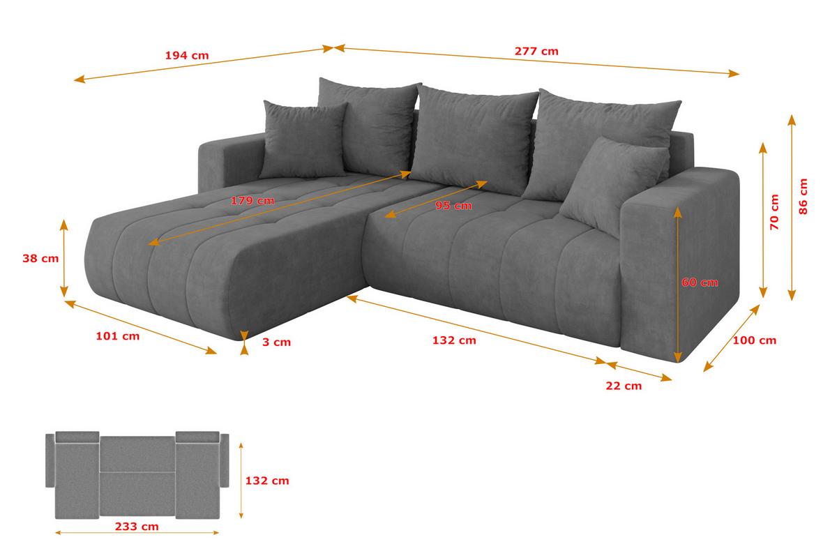 ECKSOFA mit Schlaffunktion Ottomane Links MILA-L 277x194x86 Grau Velours - Taupe/Schwarz, Holzwerkstoff/Kunststoff (277/194cm) - ALTDECOR