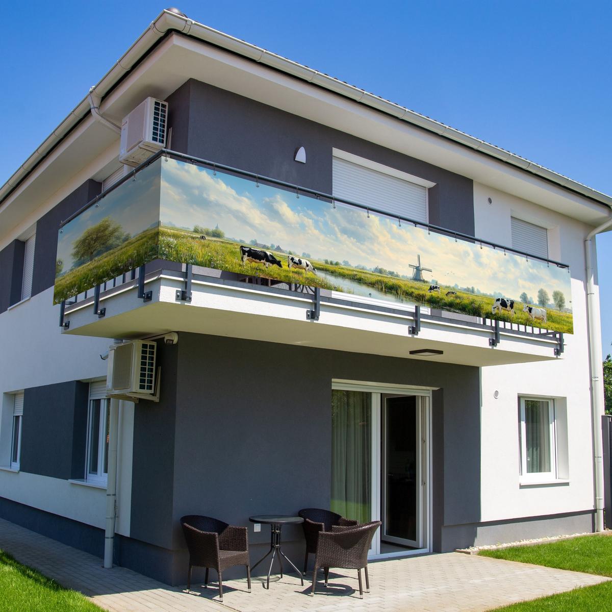 BALKON-SICHTSCHUTZ Kühe - Windmühle - Wiese - Blau Groß 500x80 cm - Grün, Kunststoff (500/80cm) - MuchoWow