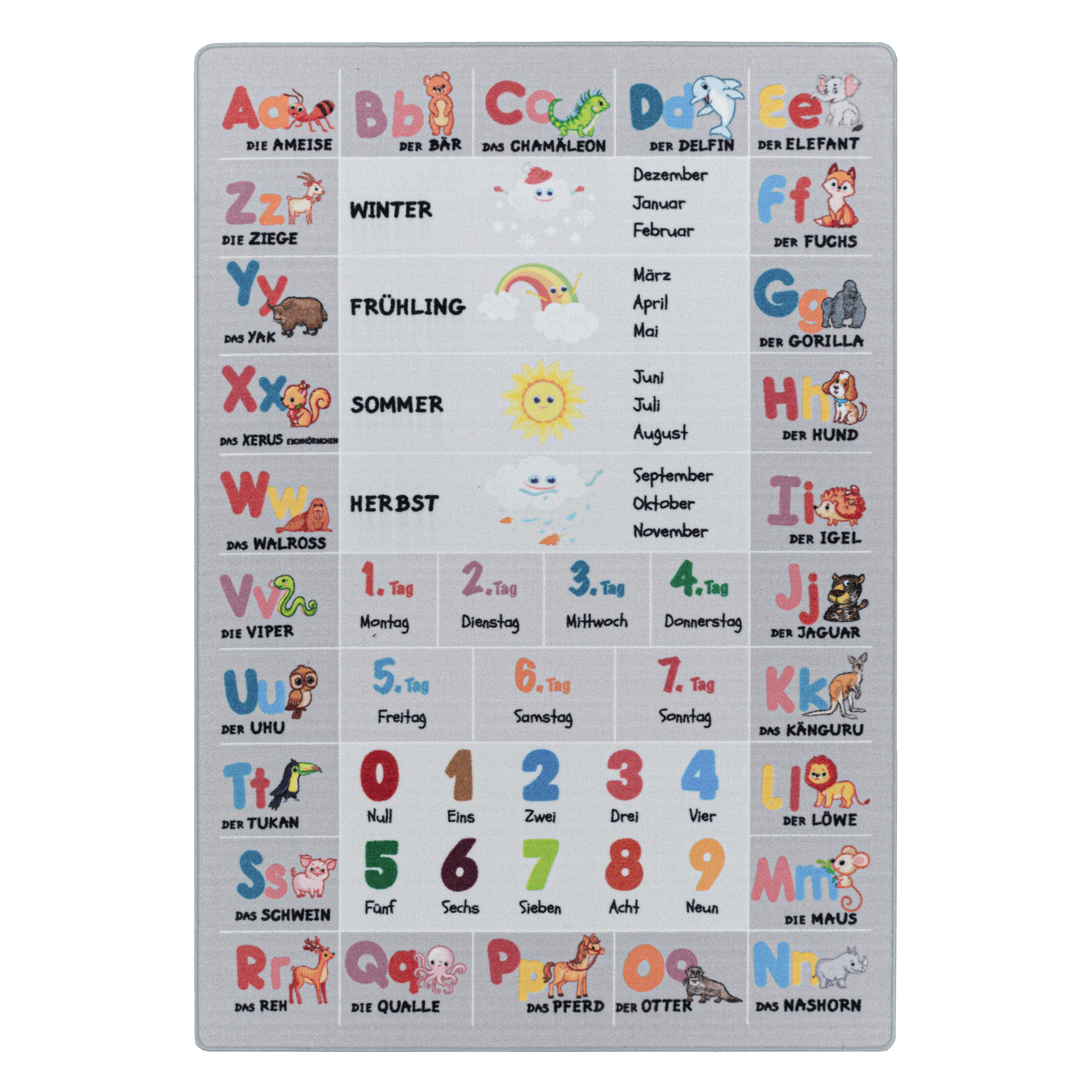KINDERTEPPICH TRAUN, mit Alphabet-Zahlen-Tiere-Motiv, Grau, 140 x 200 cm - Grau, Textil (200/140cm) - KADIMA DESIGN