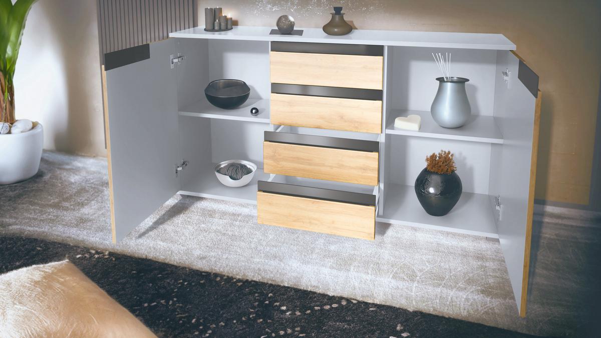 SIDEBOARD Sylt Eiche sägerau / Schwarz Hochglanz - Eiche San Remo, Holzwerkstoff (138.5/75.5/35cm) - Vladon