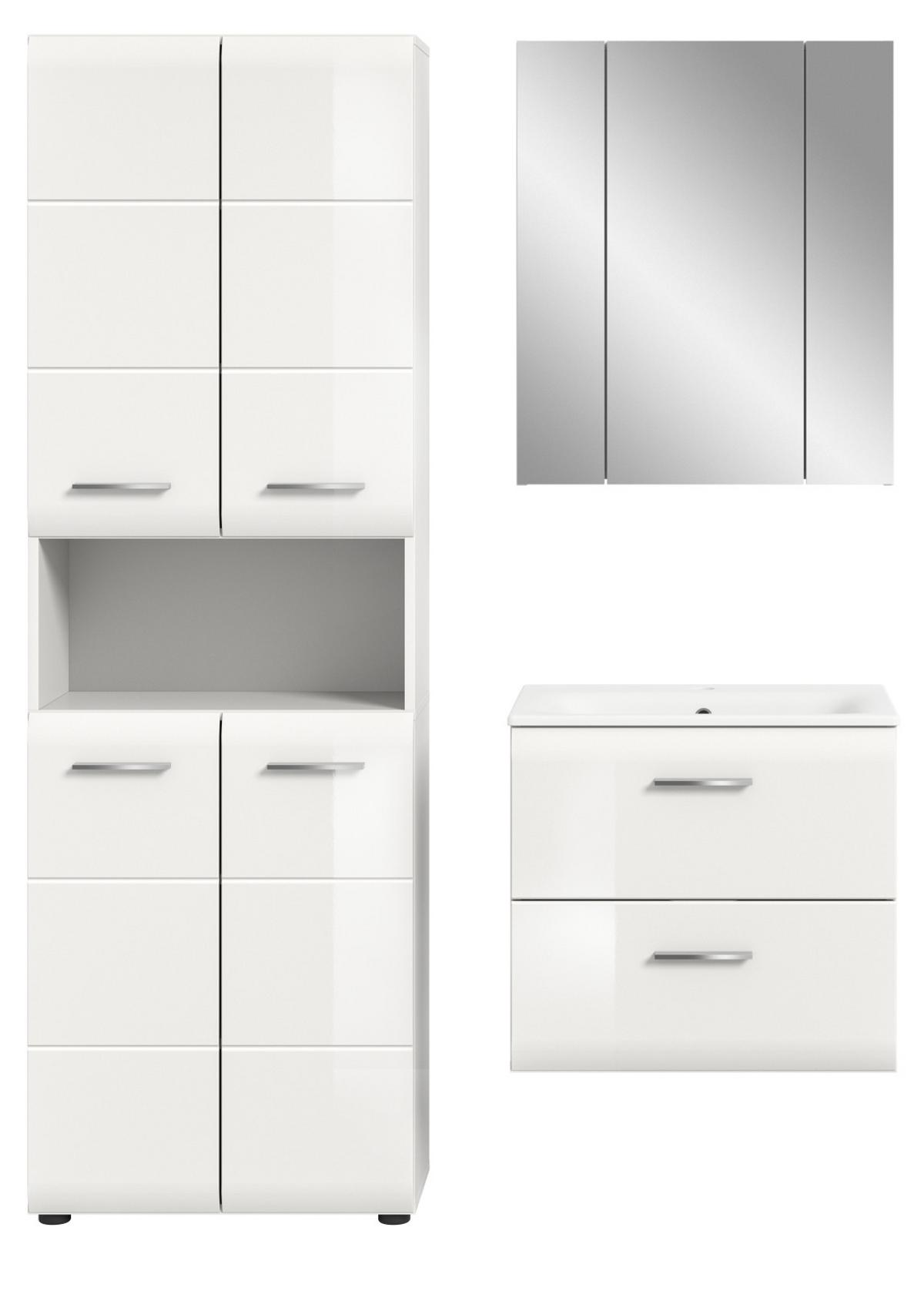 BADMÖBEL SET 3-teilig in weiß Hochglanz Badkombination 135 x 185 cm Cover - Weiß Hochglanz/Schwarz, Holzwerkstoff/Kunststoff (135/185/46cm) - Inn.Furn