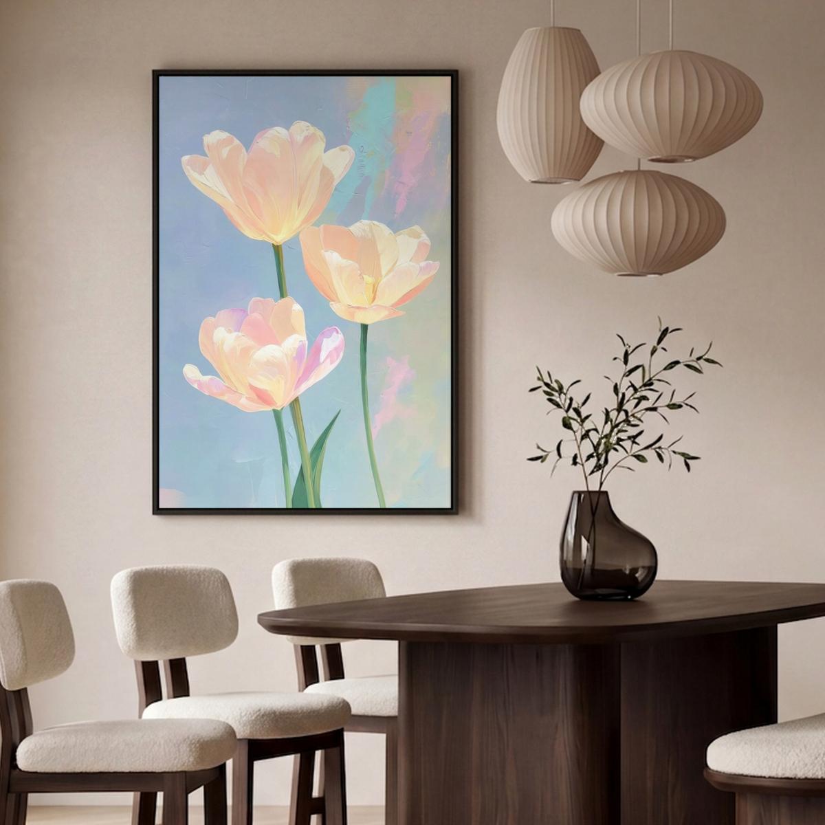LEINWAND Bilder mit Rahmen - Tulpen - Rosa Akzente - Blau - 80x120 - Pastellblau, Textil (80/120cm) - MuchoWow