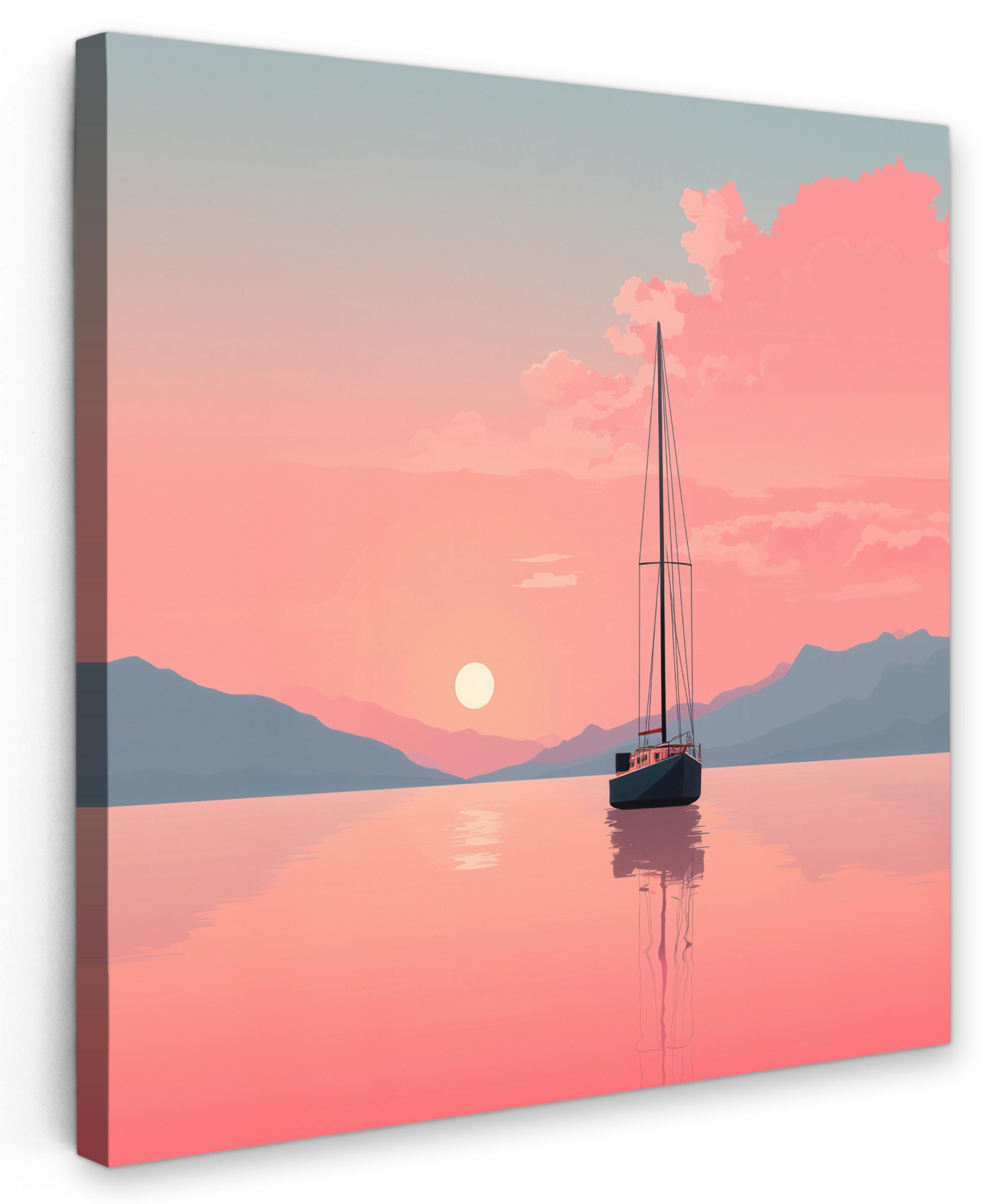 LEINWANDBILD Segelboot - Rosa Meer - Sonnenuntergang - Berge Wandbild Wohnzimmer 50x50 cm - Rosa, Textil (50/50cm) - MuchoWow