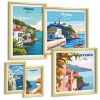 BILDER SET 5er Set - 50x50 cm & 20x30 cm & 40x60 cm Goldrahmen - Farbenfrohe Illustrationen von Retro-Städten - Goldfarben, Kunststoff (40/60cm) - TULUP