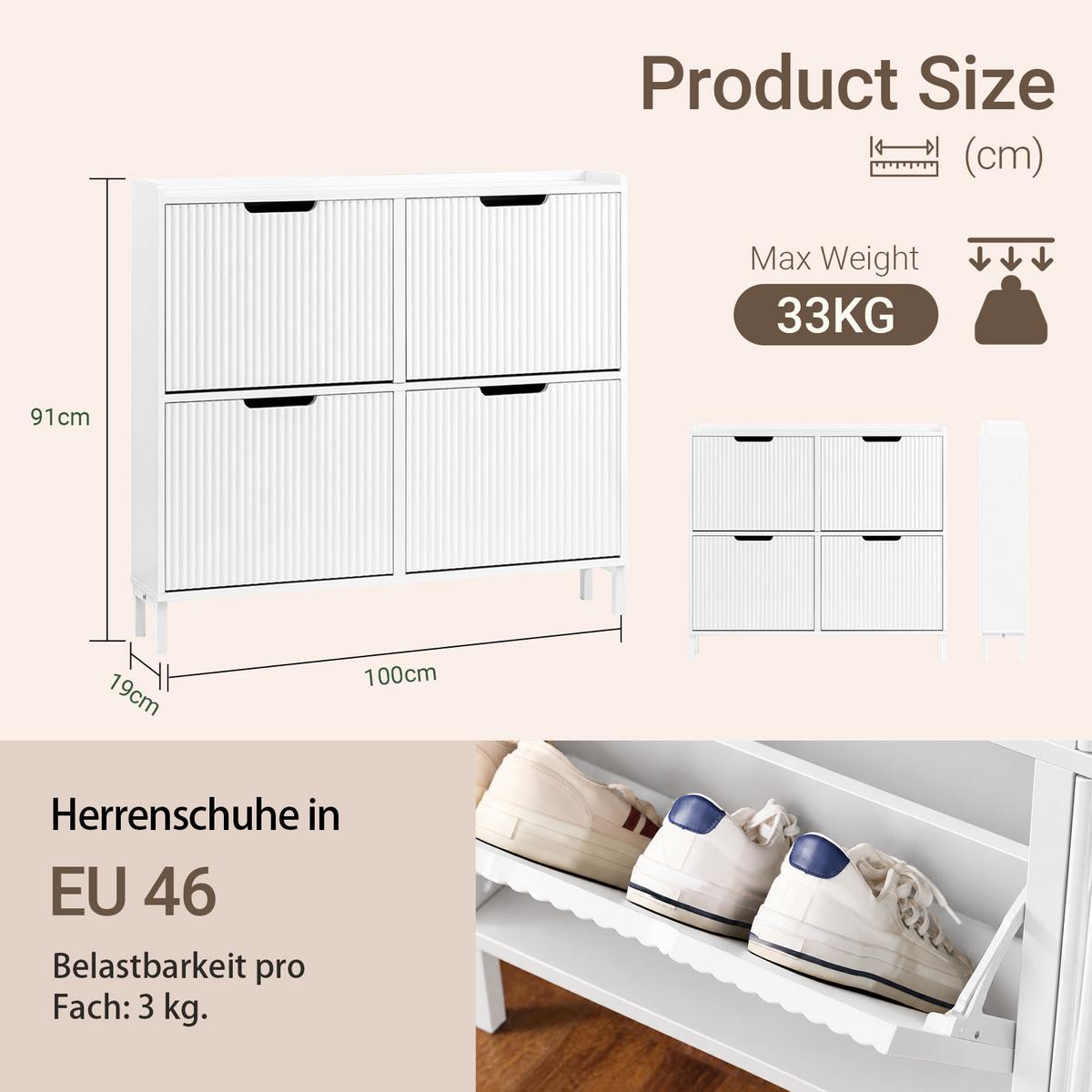 SCHUHSCHRANK mit 4 Klappen schmal 100x91x19cm Weiß Schmal für Flur, Diele & hinter der Tür - Weiß, Holzwerkstoff/Metall (100/91/19cm) - SoBuy