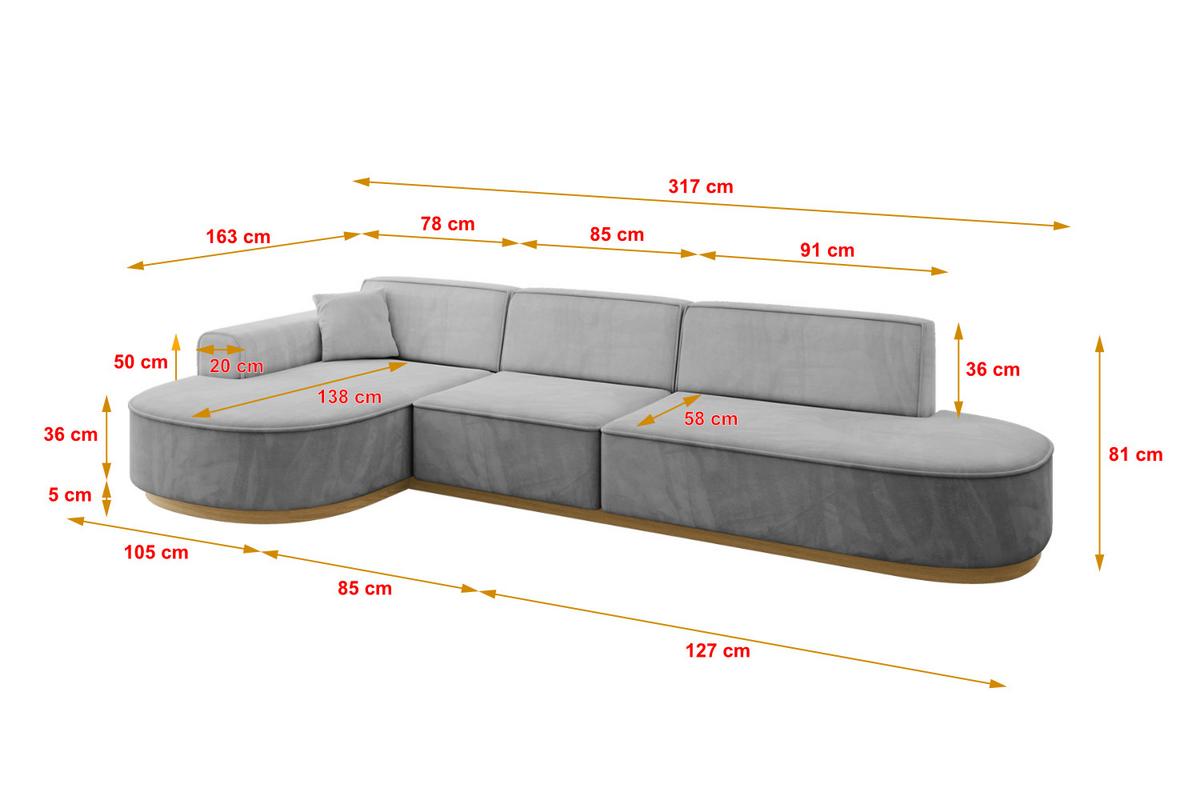 ECKSOFA Ottomane Links MARI-L2-v2 - 328x171x83 cm Grau Velours - Grau, Holzwerkstoff/Textil (328/171cm) - ALTDECOR